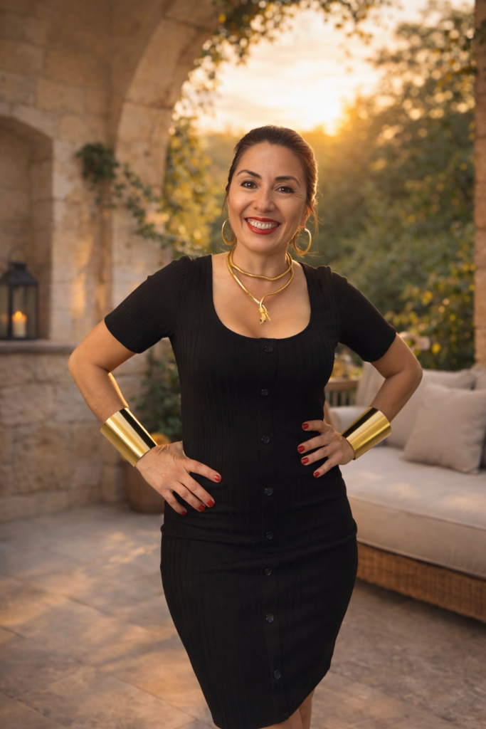 Trinity, Tantrik dominatrix, standing in the golden hour